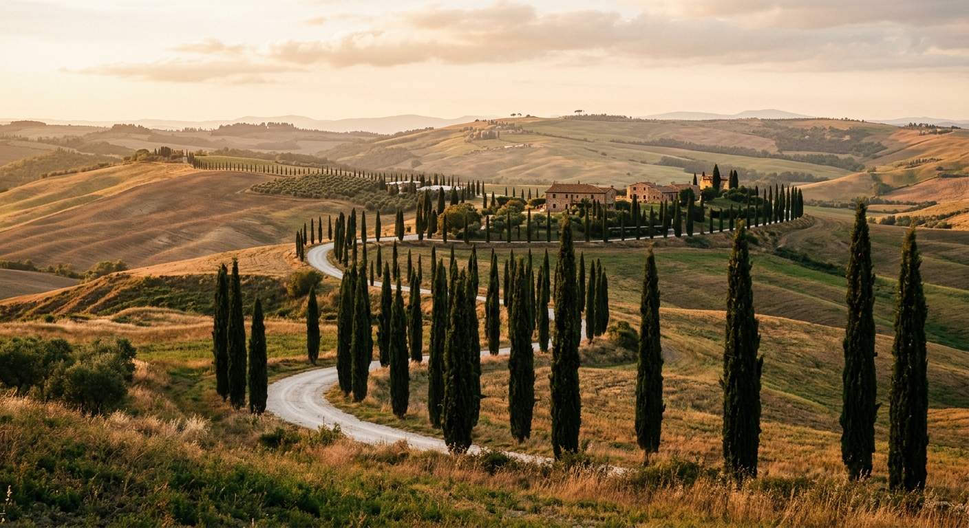 Val d'Orcia, Tuscany — first light over the cypress road
